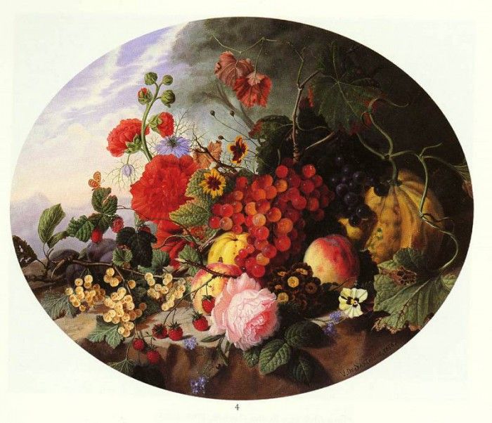 Sartorius Virginie de STILL LIFE WITH FRUIT AND FLOWERS ON A ROCKY LEDGE. ,  