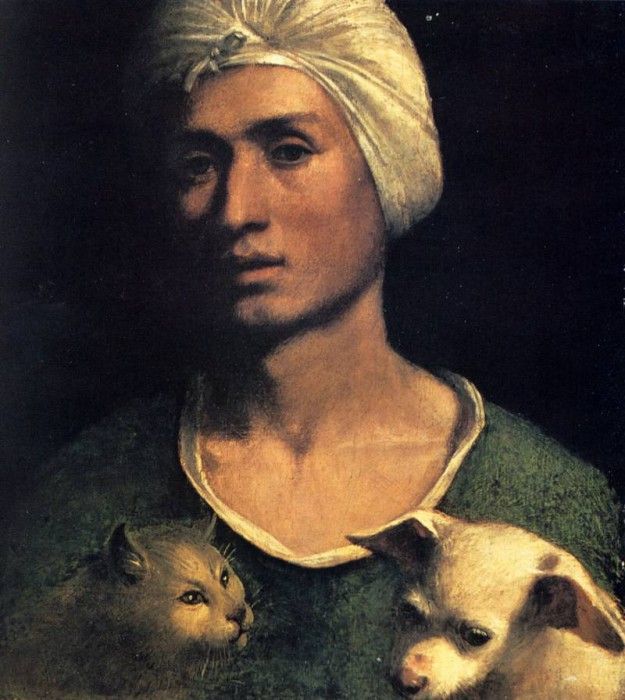 Dossi Dosso Portrait Of A Young Man With A Dog And A Cat. , 