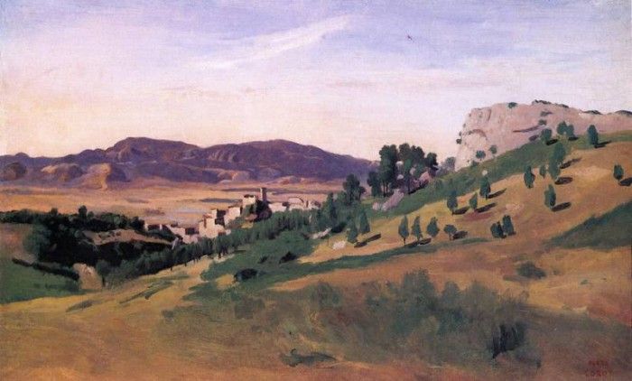 Corot Olevano the Town and the Rocks. , --