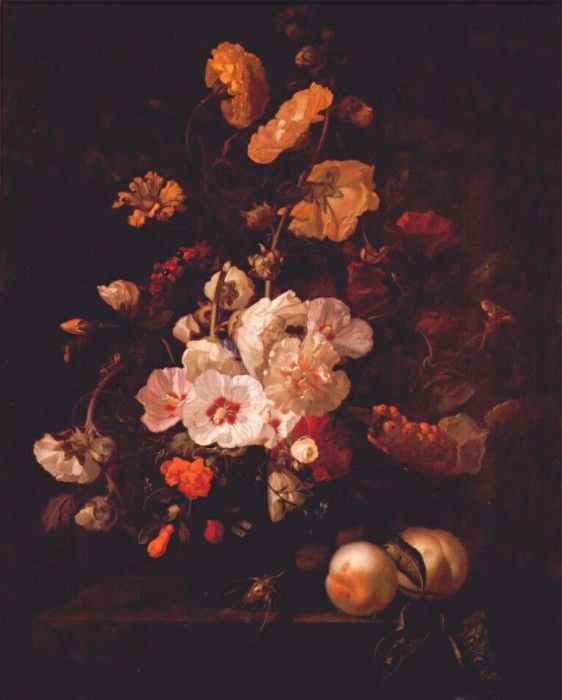 ruysch hollyhocks- other flowers on ledge with peaches 1701. , 