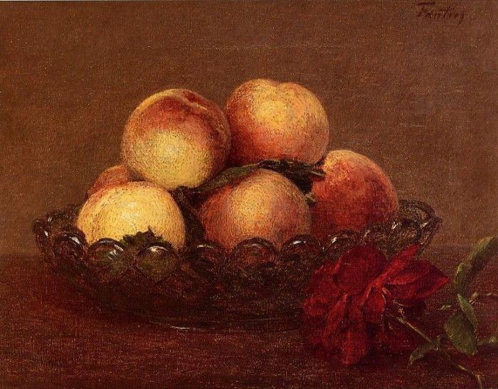 Fantin Latour Henri Nature Morte Peches dans une coupe de verre une rose fonces avec des feuilles a droite. -, ---