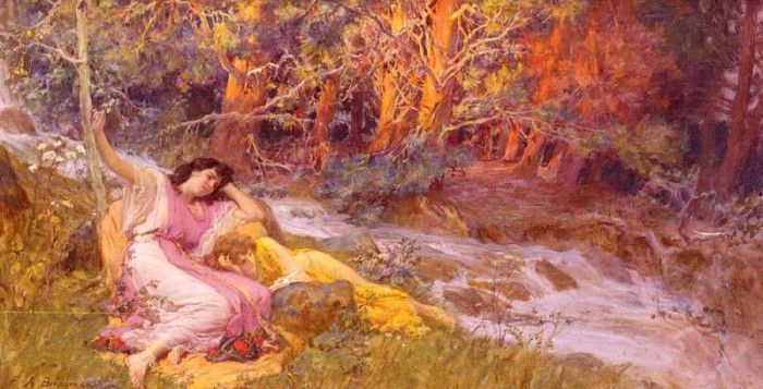 Bridgman Frederick Arthur Reclining By A Stream. ,  