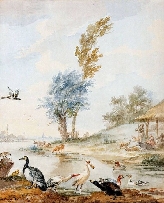 Schouman Aert Landscape with water birds Sun. Schouman, 