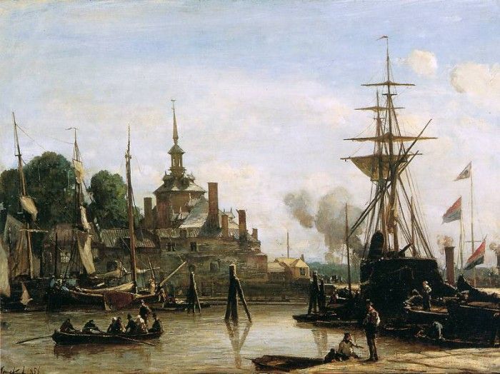 Jongkind Johan Barthold View on harbour Rotterdam Sun. Jongkind,  