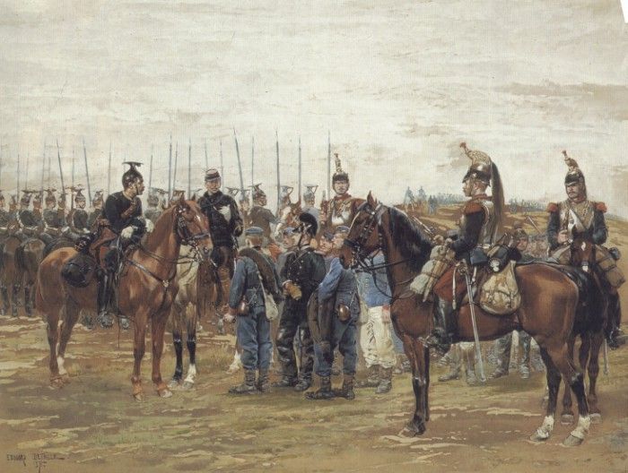 A French Cavalry Officer Guarding Captured Bavarian Soldiers.  
