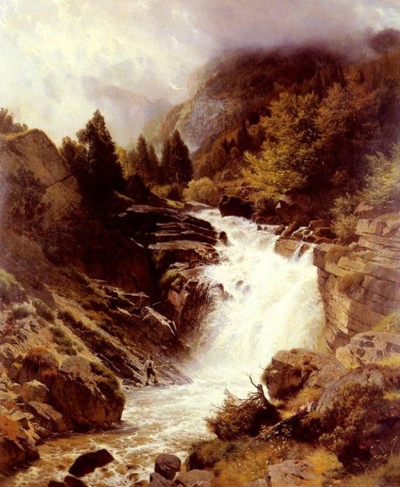 Steffan Johann Gotterfried A Waterfall In The Bavarian Alps. Steffan,  