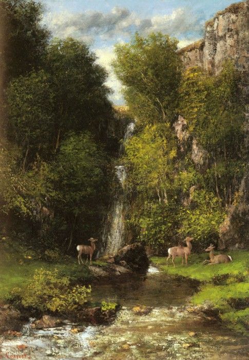 Courbet Gustave A Family Of Deer In A Landscape With A Waterfall. , 