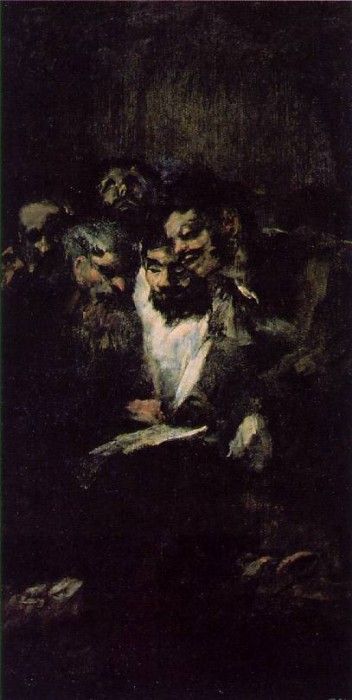 Goya Men reading, ca 1819-23, 126x66 cm, Oil on plaster remo.   ,  