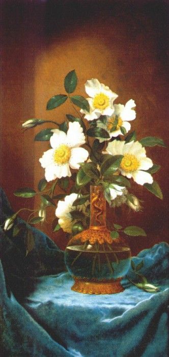 heade white cherokee roses in salamander vase c1883-95. ,  