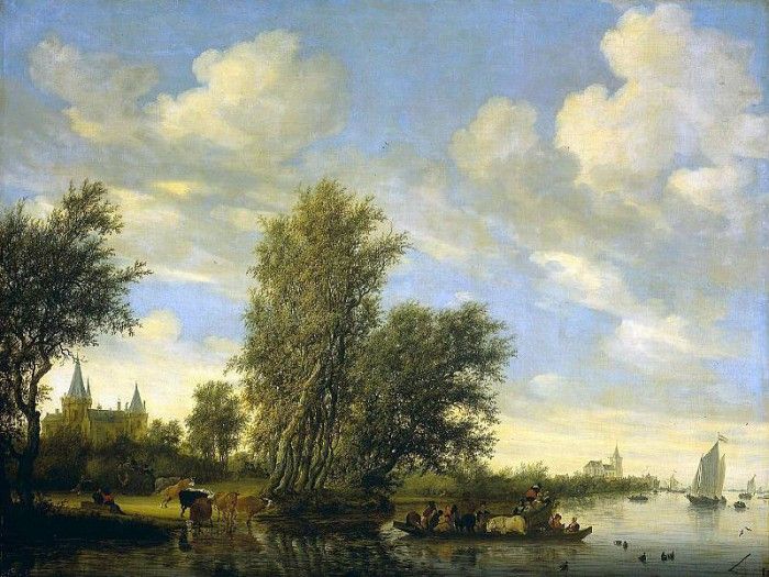 Ruysdael van Salomon Riverlandscape with ferry Sun. ,  