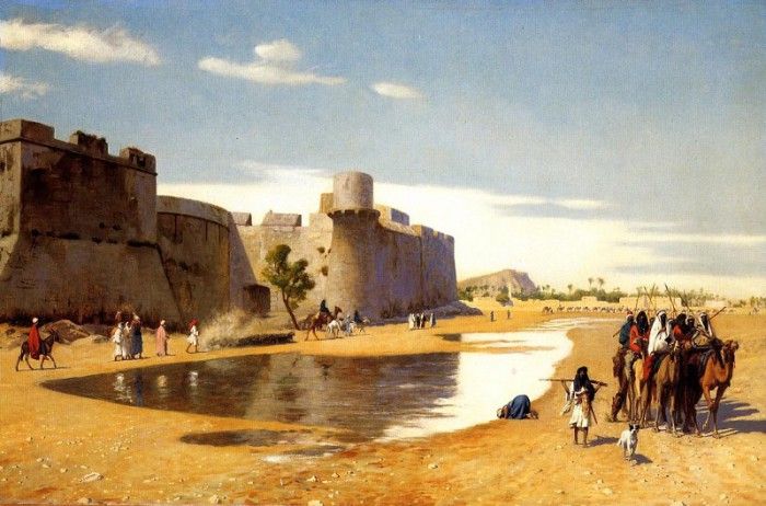 Gerome Jean Leon An Arab Caravan outside a Fortified Town Egypt. , -