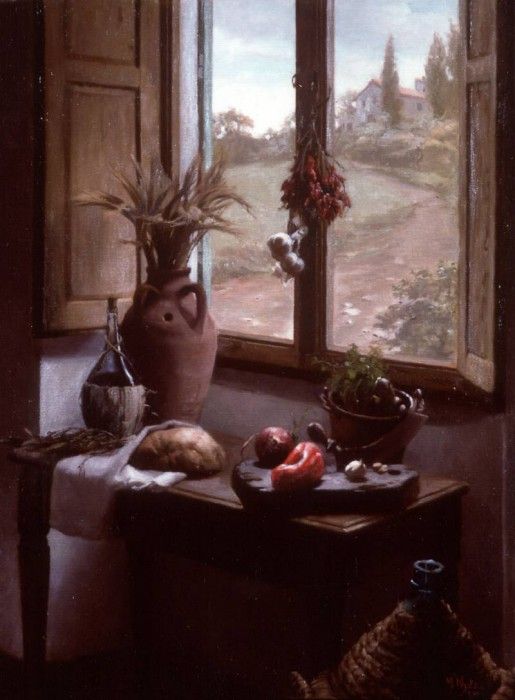 Still Life with a View Interior with Landscape through a Window. Hyde, 