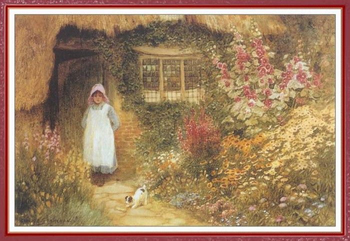 StrachanArthurClaude GirlWithDogOutsideCottage-We (f038). ,  