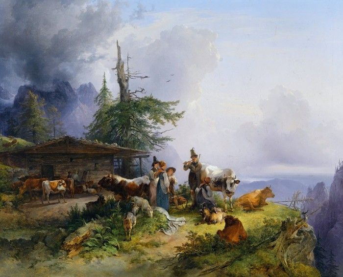 Eine Alpenwirtschaft am Untersberg in Salzburg mit vielen Tieren 1835. Gauermann, 