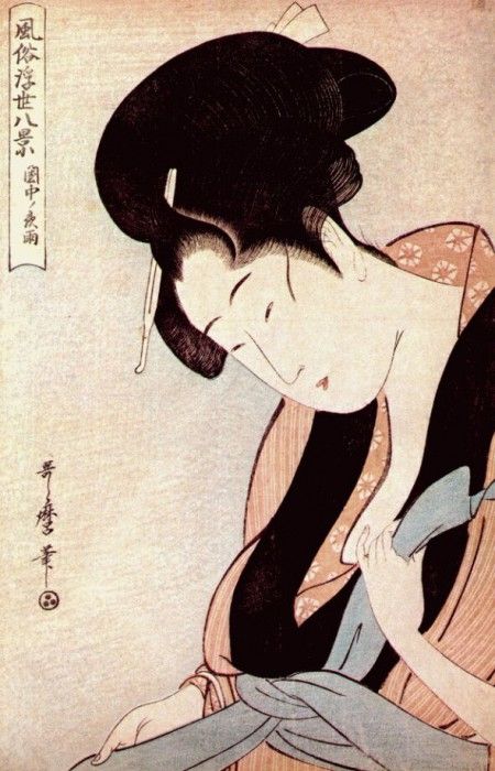 utamaro woman in bedroom on rainy night c-mid-1790s. , 