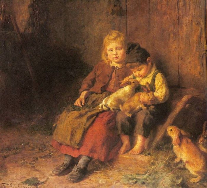Schlesinger Felix Two Children Playing With Rabbits.  