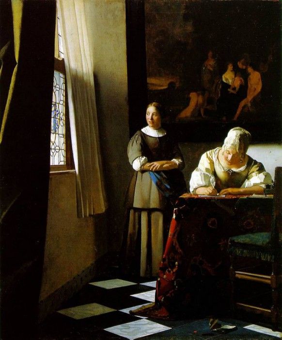 Vermeer Lady writing a letter with her maid, ca 1670, 72.2x5. Vermeer, Johannes
