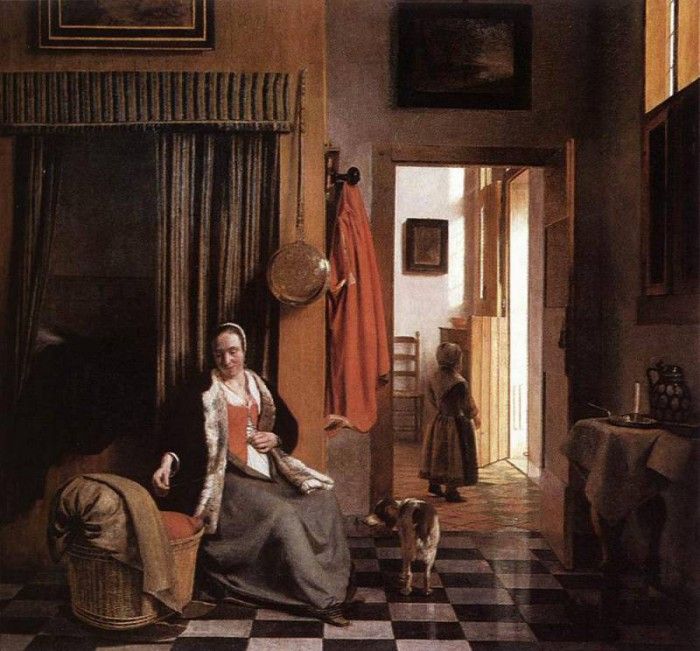 HOOCH Pieter de Mother Lacing Her Bodice beside a Cradle. Hooch, Pieter De