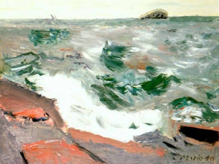 marin pink rocks and green sea, maine 1940. 