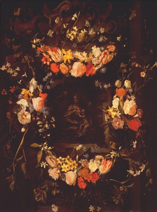 seghers-and-denys garland of flowers with holy family c1650. 