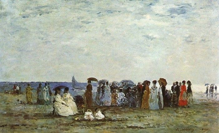 BOUDIN - BATHERS ON THE BEACH AT TROUVILLE, 1869, OIL ON WOOD. , 