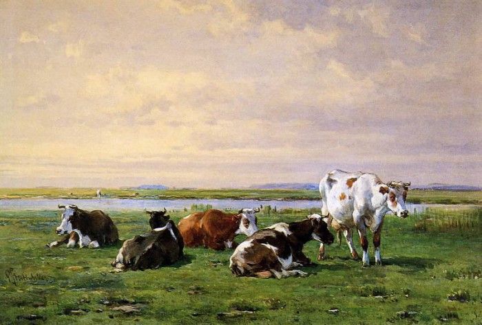 Stortenbeker Pieter Meadow landscape with cows Sun. Stortenbeker, 