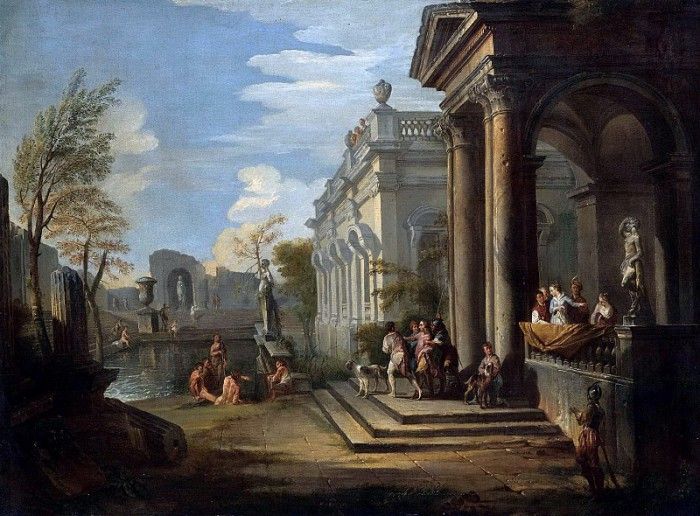 AN ARCHITECTURAL CAPRICCIO WITH FIGURES AT A BALCONY AND BATHERS IN A POOL NEARBY. ,  