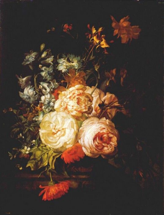 ruysch roses marigolds hyacinth etc on marble ledge 1723. , 