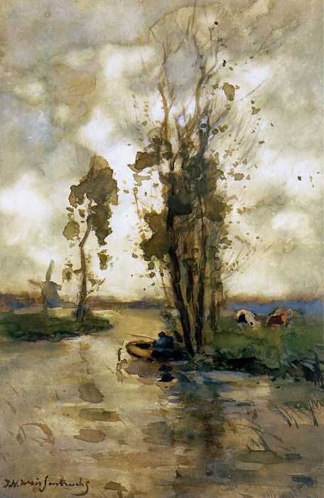 Weissenbruch Jan Fisherman in polder landscape Sun. Weissenbruch,  