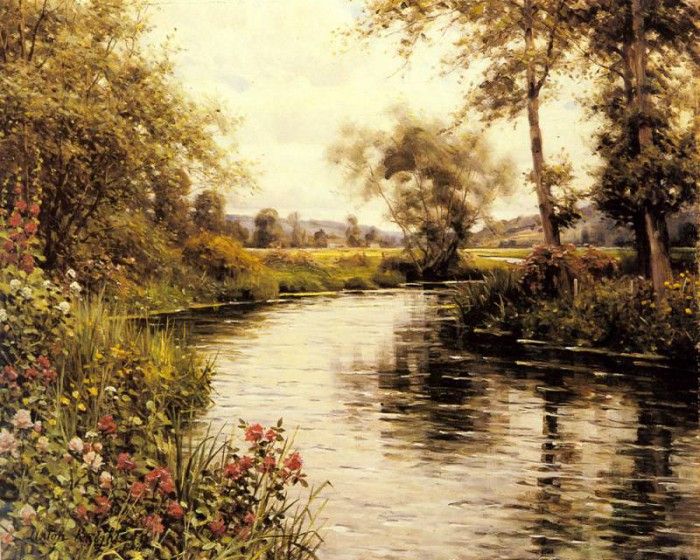 Knight Louis Aston Flowers In Bloom By A River. , Louis Aston