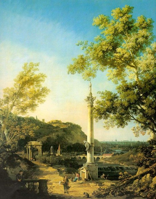 Canaletto Capriccio- River Landscape with a Column, a Ruined. 