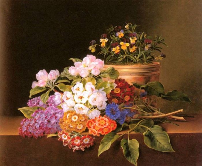 Jensen Johan Laurentz Apple Blossoms Lilac Violas Cornflowers. ,  Laurentz