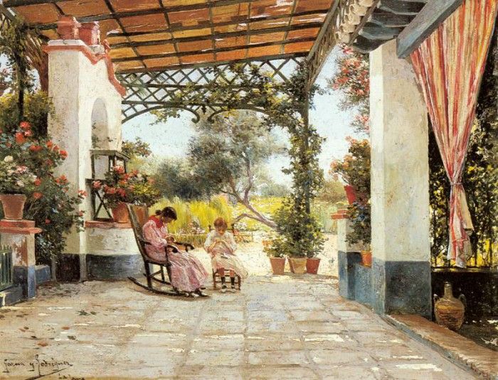 Rodriguez Manuel Garcia y Mother And Daughter Sewing On A Patio.    Y