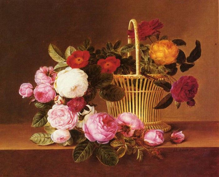 Jensen Johan Laurentz (Danish) 1800 to 1856 A Basket Of Roses On A Ledge SND 1825 O C 35.6 by 43.. ,  Laurentz