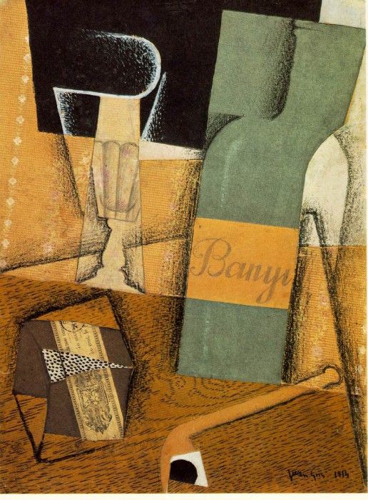 Gris The bottle of Banyuls, 1914, Pasted papers. , 