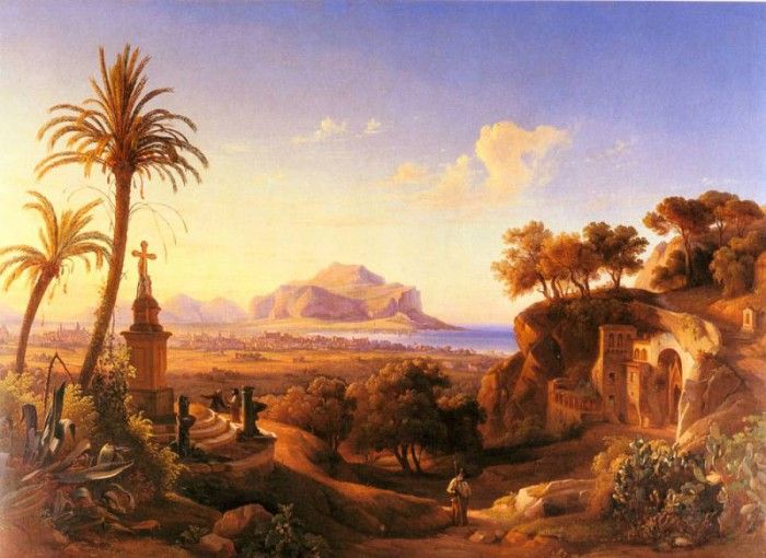 Gmelin Johann Georg Figures Before A Shrine With A View Of Palermo Beyond. ,  