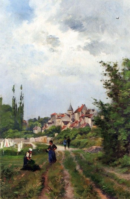 Harpignies Henri Joseph Washer Women On A Study Track With A Village Beyond. Harpignies, -