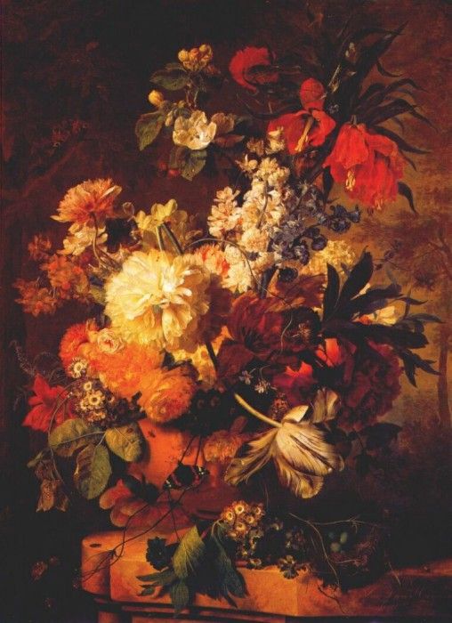 van huysum flowers on ledge in landscape 1726. Huysum,  