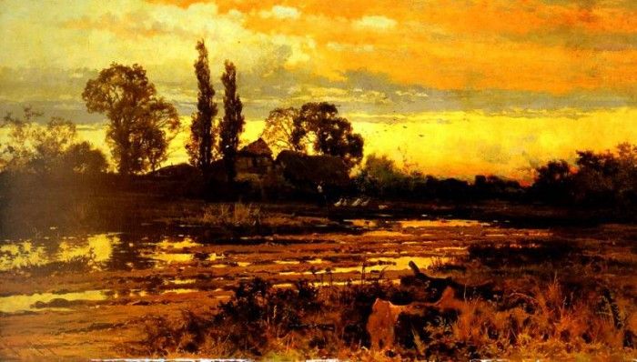 Hooper John Horace SunSet A Figure Feeding Geese In A Marsh. ,  