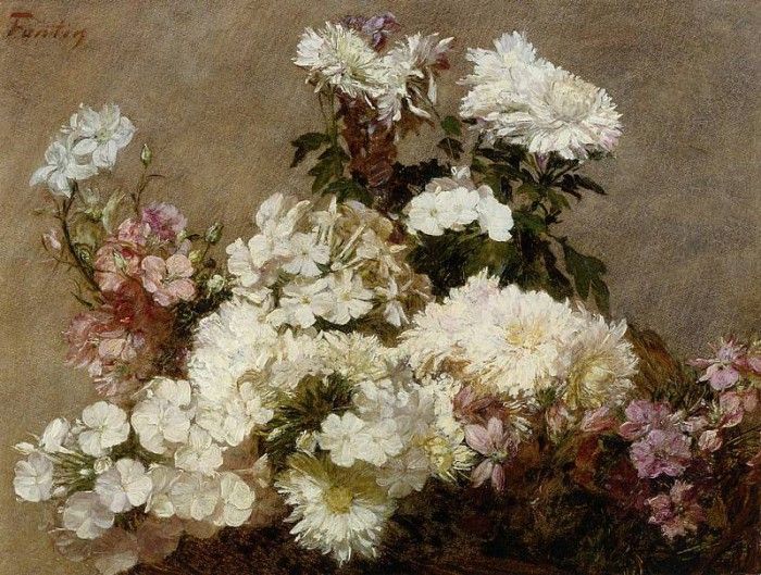 Fantin Latour Henri White Phlox Summer Chrysanthemum and Larkspur. -, ---