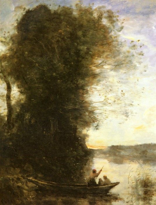 Corot Jean Baptiste Camille Le Batelier Quittant La Rive Avec Une Femme Et Une Femme. , --