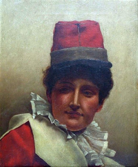 study of a lady clown wearing a tall hat and ruff to her neck. Bulleid  