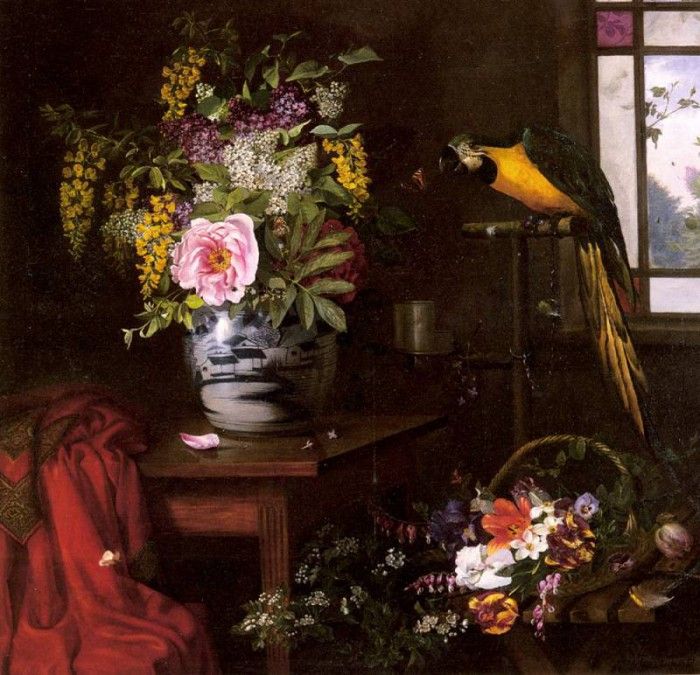 Hermansen Olaf August A Still Life With Vase Basket And Parrot. Hermansen  