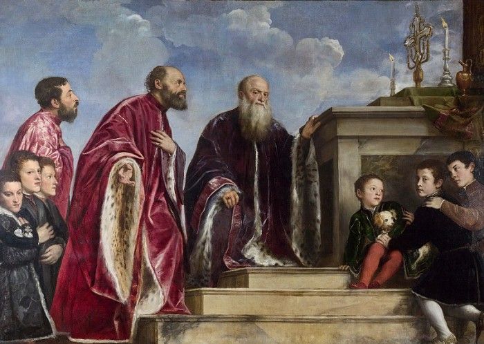 Titian and workshop - The Vendramin Family, venerating a Relic of the True Cross.  ( )