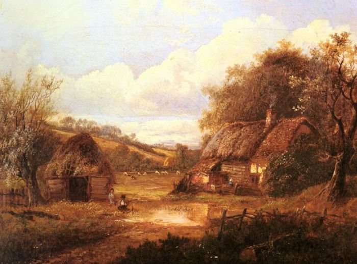 Thors Joseph Landscape With Figures Outside A Thatched Cottage. , 