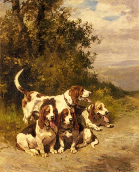 De Penne Charles Olivier Hunting Dogs On A Forest Path. ,   