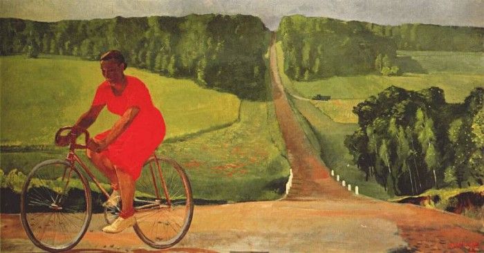 deineka collective farm girl on bicycle 1935. 