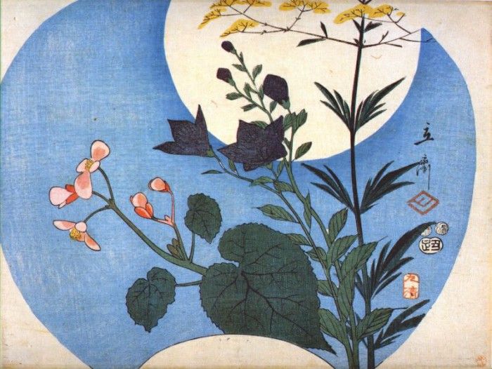 hiroshige autumn flowers in front of full moon 1853. 