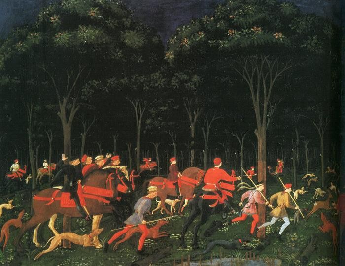 UCCELLO THE HUNT IN THE FOREST (LEFT),1468, ASHMOLEAN MUSEUM. , 