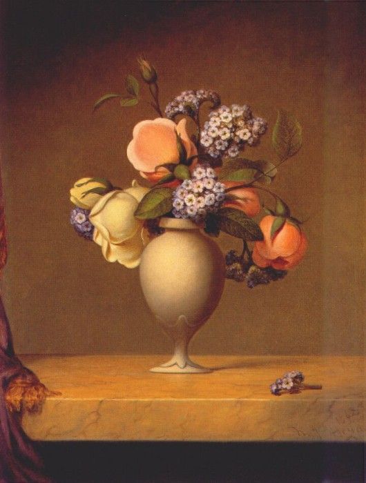 heade roses and heliotrope in vase on marble tabletop 1862. ,  